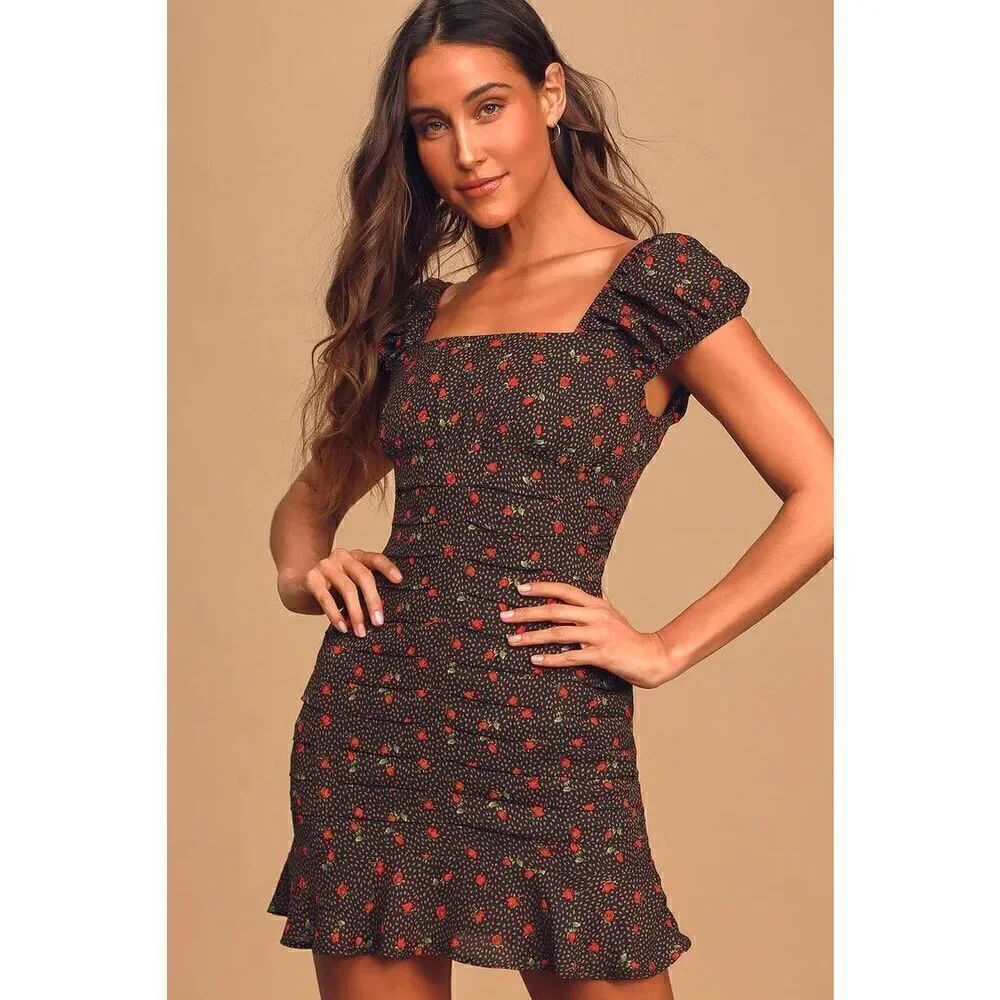 Lulus Size S Finding Romance Black Multi Print Pleated Mini Dress T